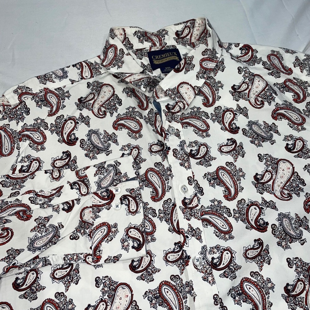 Cremieux Premium Denim Mens XXL White Red Paisley Long Sleeve Button Down Shirt